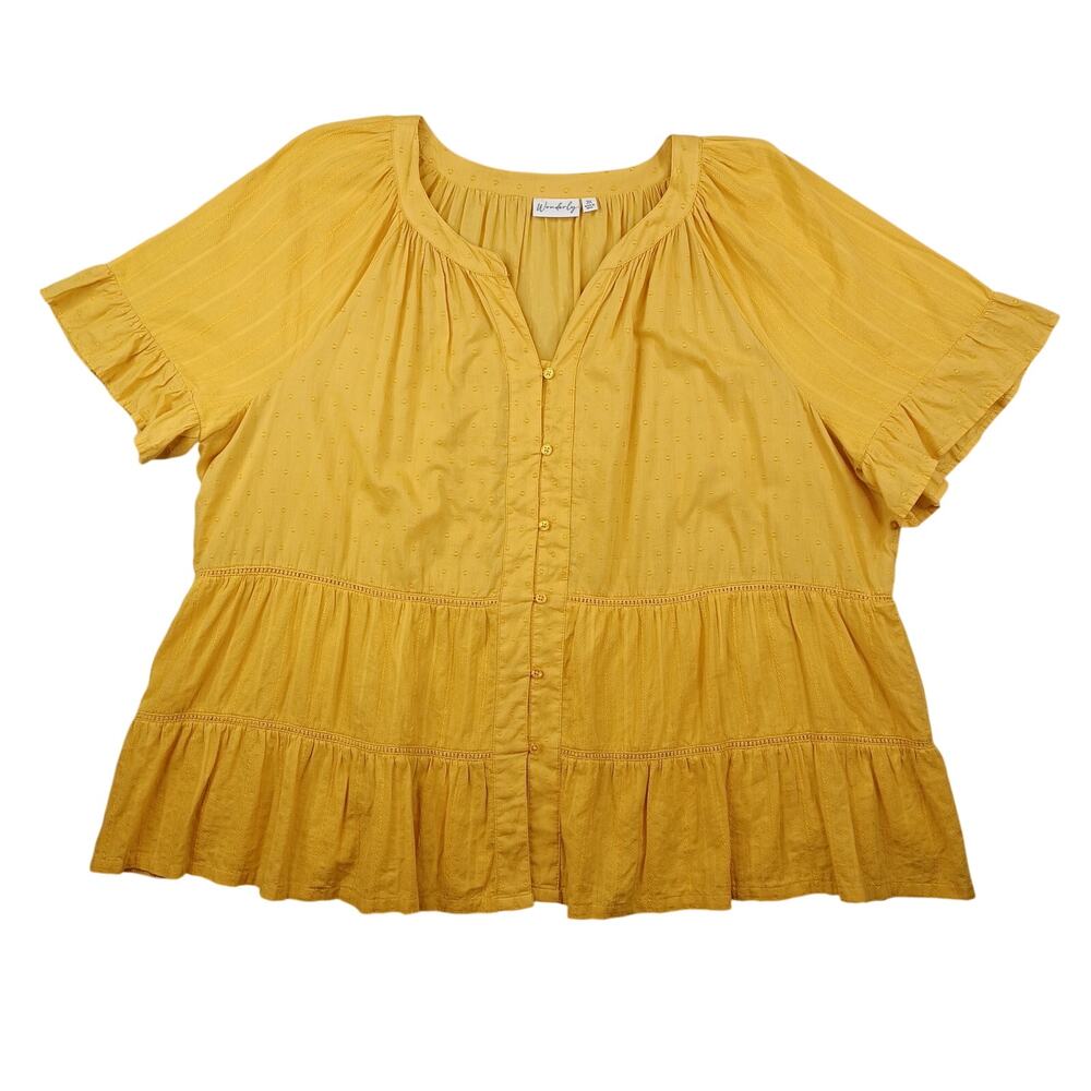 Wonderly Boho Tiered‎ Clip Dot Top Size 3X Mustard Yellow Bell Sleeve Cotton